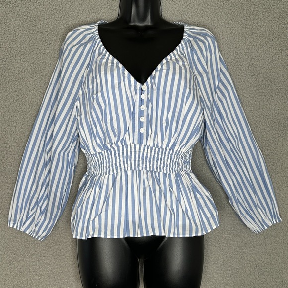J. Crew Factory Tops - J.Crew Womens Blue White Stripe Babydoll Blouse XS Long Slv Smocked Waist Cotton
